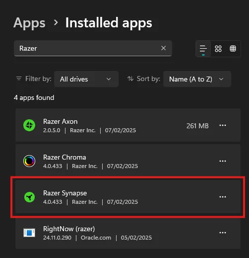 Vista App installate prima di riparare Razer Synapse