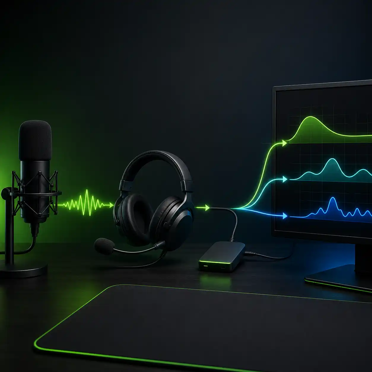 Illustrative audio signal chain from a microphone and headset to separate equalizer curves