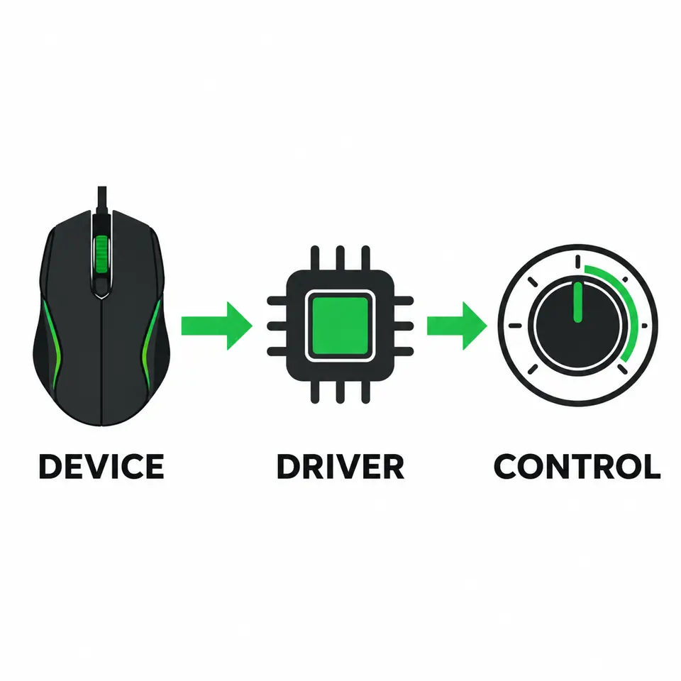 Schema concettuale con le etichette dispositivo, driver e controllo che collega mouse, livello Linux generico e impostazione.