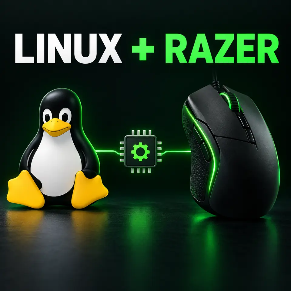 Illustrazione concettuale con un mouse generico, il pinguino Linux e un chip driver sotto l'etichetta Linux + Razer.