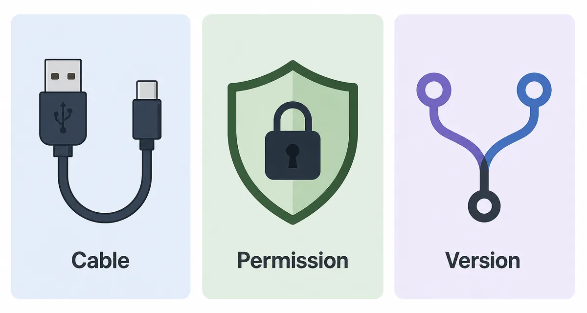 Illustration: Kabel, Berechtigung und Version trennen, wenn ein Geraet nicht erscheint.