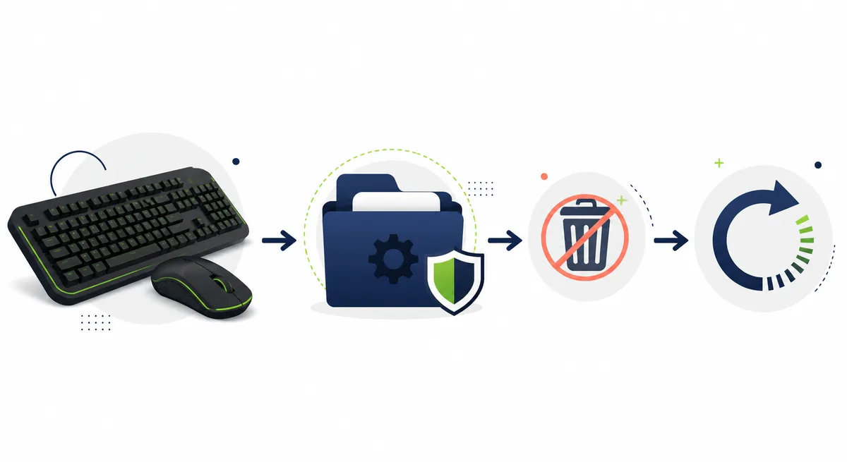 Illustration of gaming devices, protected settings, app removal, and restart in a safe Razer Synapse uninstall sequence