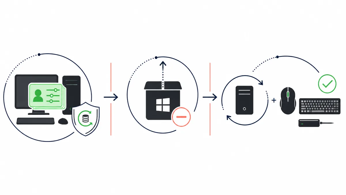 Three-stage explanatory flow showing profile protection, Windows app removal, and device verification after restart