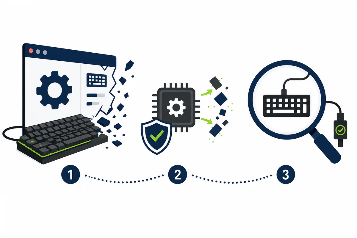 Conceptual troubleshooting path separating a broken Synapse app, driver cleanup, and Windows device verification