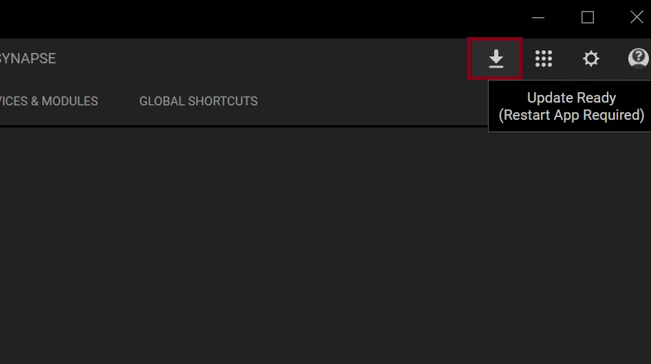 Razer-Synapse-Dashboard mit offiziellem Update-Ready-Neustarthinweis