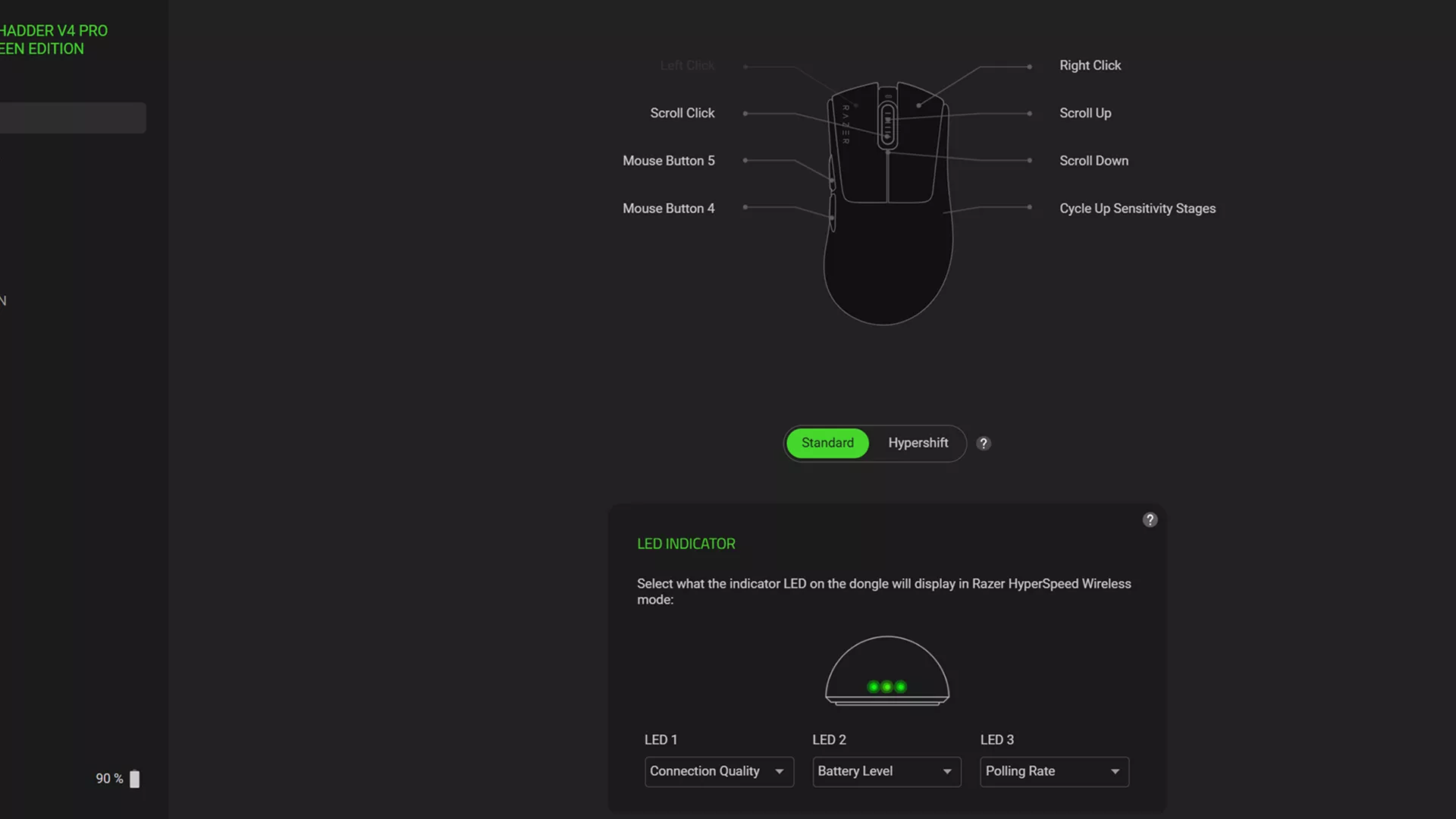 Official Razer Synapse Web settings screenshot for a DeathAdder V4 Pro, showing button mapping and device options