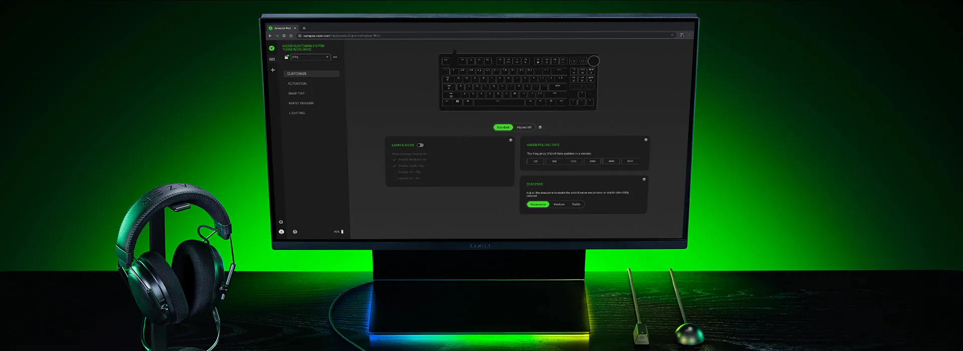 Official Razer Synapse Web product image showing a browser configuration view beside a Razer keyboard and headset